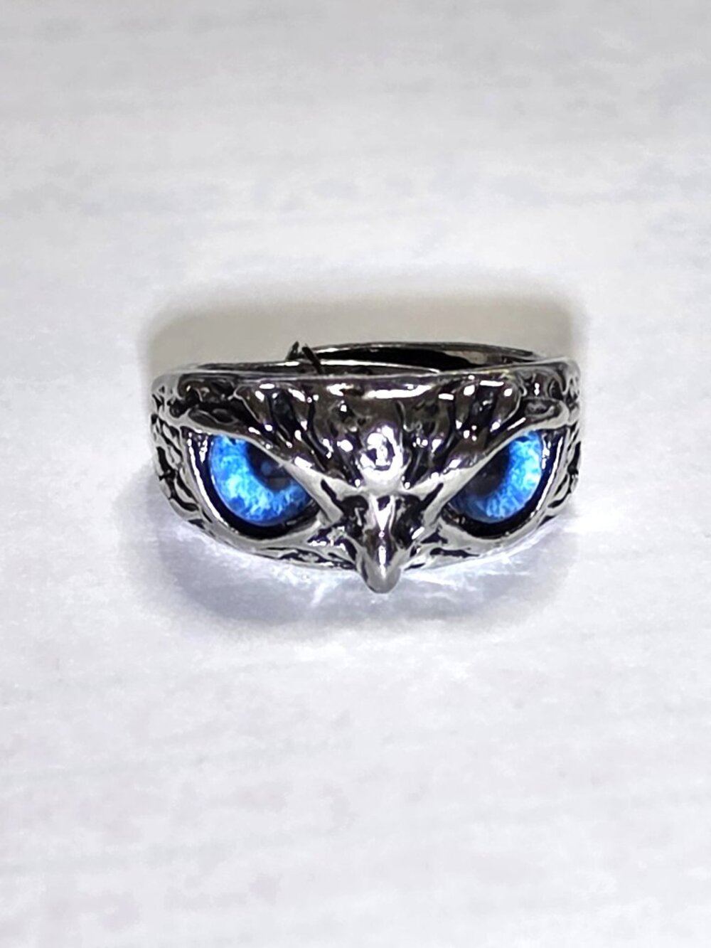 Silver Plated Blue Eye Owl Ring - Adjustable